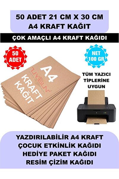 Uygun Kutu ve Ambalaj 50 Adet A4 Kraft Kağıt 21x30 100 Gr. Yazıcı Uyumlu, Vin...