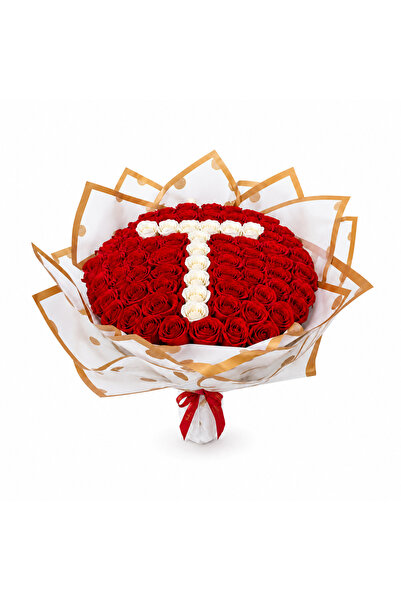 velve Buchet floral personalizat cu litera, din 65 trandafiri de sapun, Rosu-...