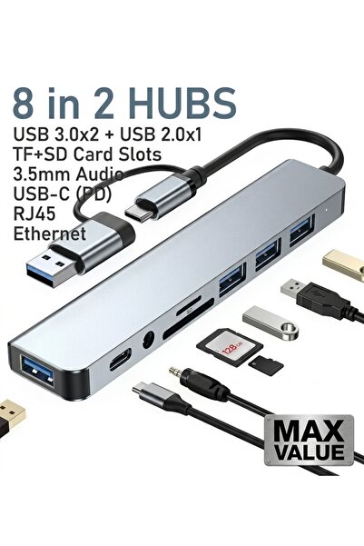 Generic Brand محول USB و Type C متعدد الوظائف 8 في 2 مع قارئ بطاقات SD/TF و 4 منافذ USB و Type C وصوت