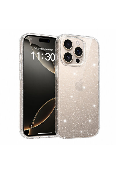 EDELFU iPhone 16 PRO MAX uyumlu - Simli Şeffaf Yumuşak Silikon Kapak, Darbeye...