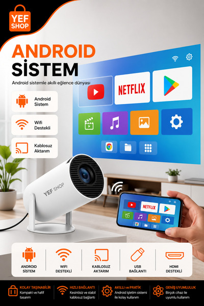 YEF SHOP Akıllı Projeksiyon Cihazı Taşınabilir Android HD Wifi HDMI USB Deste...