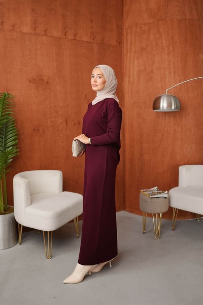 ankanoor Modest Two Piece Set - Burgundy - Long