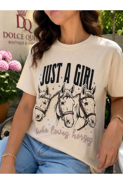 DOLCE QUEEN تي شيرت نسائي من القطن مطبوع عليه شكل حصان باللون البيج