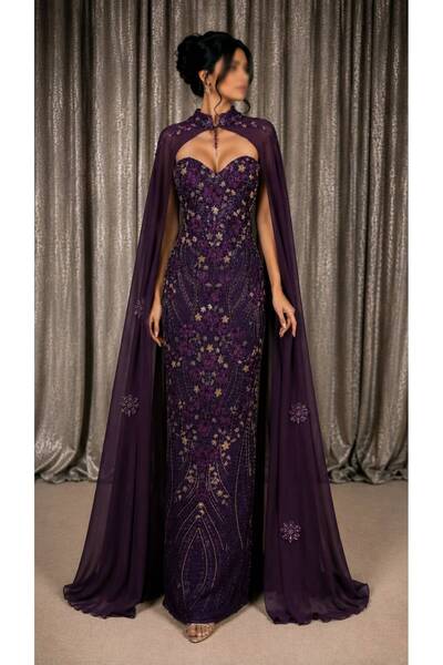 ELORA FASHION Royal Purple Evening Dress with Embroidered Cape ✨