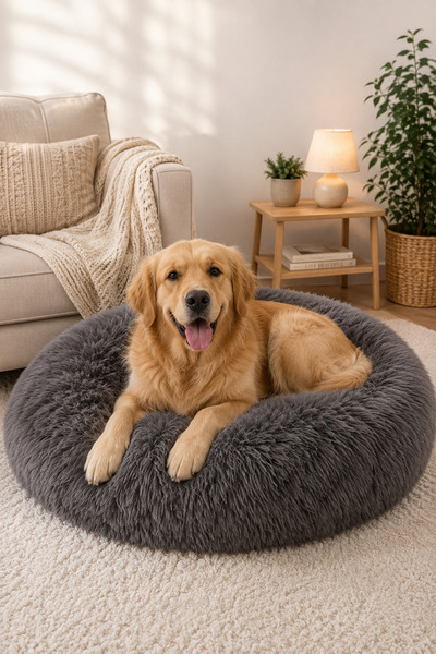 Gri Peluş Köpek Yatağı 85 cm Yuvarlak Simit Yatak Tilki Kuyruğu Kumaş