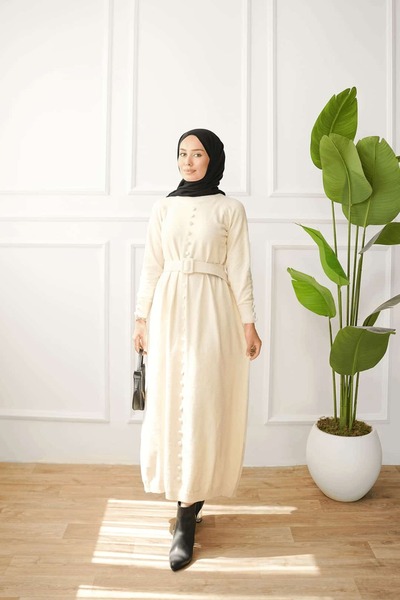 ankanoor Belt Detailed Gray Felt Knitwear Dress Anka261042
