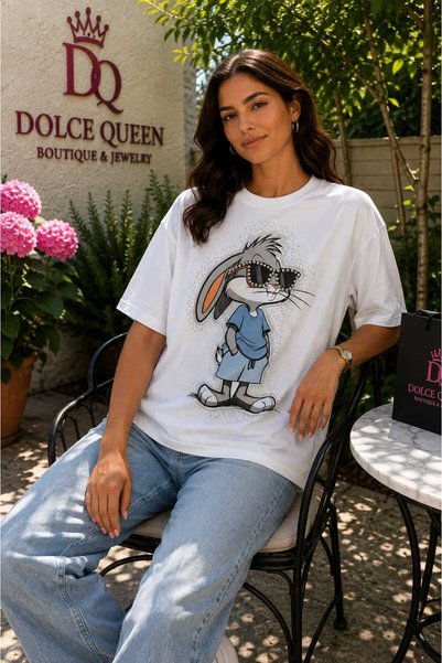 DOLCE QUEEN Women's White Rabbit Figured Cotton T-Shirt with Stone Detail