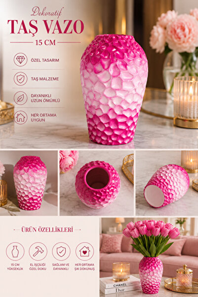OznCicekTasarim Dekoratif Taş Vazo Fuşya Pembe Beyaz 15 cm - Özel Tasarım - E...