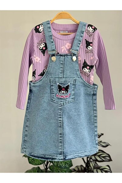 LUFFY KİDS Girl's cat print long sleeve denim jumpsuit set - 2006