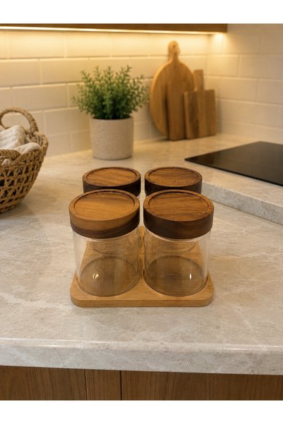 Afthonia 4-Piece Glass Spice Jar Set with Wooden Lids and Bamboo Stand - Small Volume Set