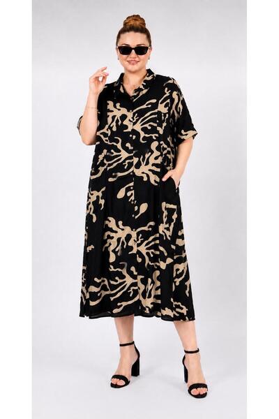 ELSEBUTİKTR Women's Plus Size Cotton Viscose Midi Oversize Loose Cut Shirt Dress