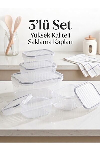 3'lü Set Kilitli Saklama Kabı - Şeffaf Sızdırmaz Kapaklı Erzak Kabı Buzdolabı Düzenleyici Kutusu