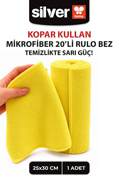 SİLVER HOME 20'li Rulo Mikrofiber Temizlik Bezi 25x30 cm Çok Amaçlı Lazer Kesim Süper Emici Kopart Kullan Sarı