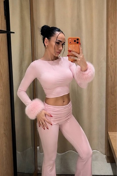 OKSOCOLLECTİON Bonnie Tüy Manşetli İspanyol Paça Taşlı Set