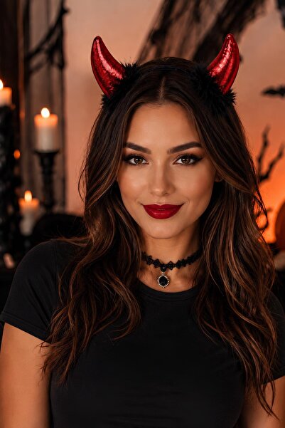 Patladı Gitti Halloween Kırmızı Şeytan Boynuzlu Taç – Siyah Tüylü Cadılar Bay...