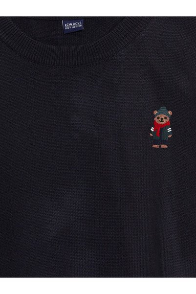 LC Waikiki Navy Blue Bear Teddy Embroidered Boys' Knit Sweater
