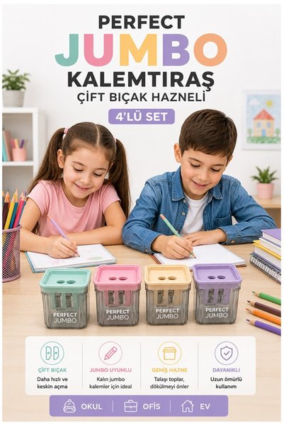 Artmaster Kalemtraş 4 Adet Perfect Hazneli Çift Bıçaklı Jumbo Kalem Açacağı Plastik Kalemtıraş Kalem Traş Okul