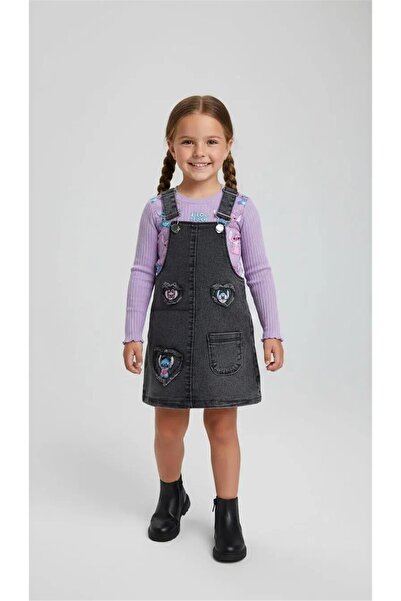LUFFY KİDS Girl's printed long sleeve denim jumpsuit set - 2005