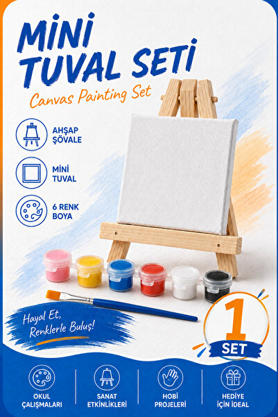 Minopi Mini Tuval Boyama Seti 1 Kişilik Ahşap Şövale 6 Renk Boya Fırça Hobi v...