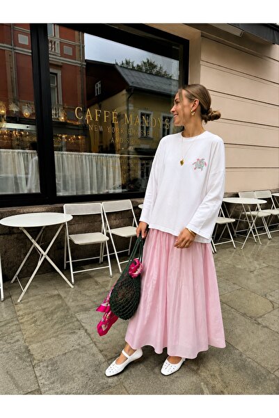Jose Clothing Beyaz Baskılı Tesettüre Uygun Uzun Kollu Pamuklu Tişört