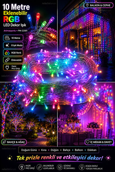 nelerbulurum 10 Metre 8 Modlu Animasyonlu LED Işık RGB Renkli Dekor Lambası U...