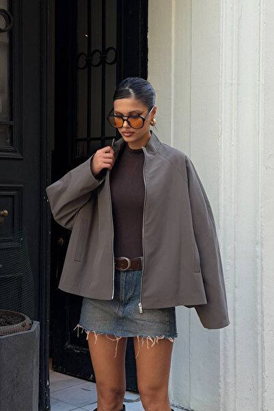 NET OF NOT ZR Model Antrasit Oversize Dik Yaka Premium Kumaş Kadın Ceket