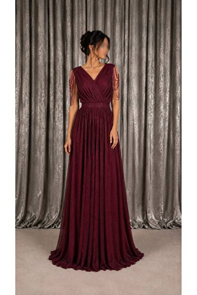 ELORA FASHION فستان سهرة عنابي بليسيه بسلاسل كتف ✨