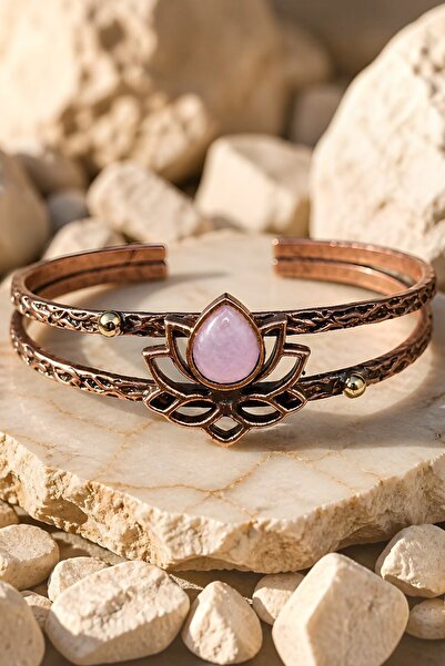 NBS Beautiful Naturel Stones Pink Quartz Natural Stone Copper Lotus Flower Br...