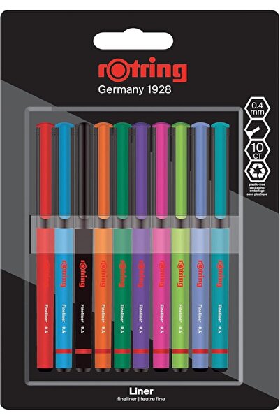 Rotring Fineliner, İnce Keçe Uçlu Kalem 0.4 mm, 10'lu Paket, Karışık Renkler