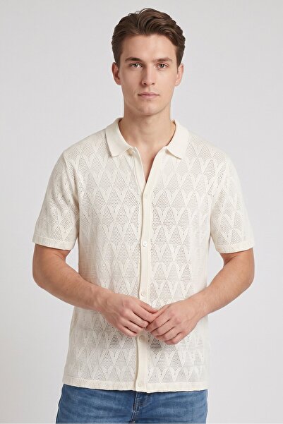 Brave Soul Men Regular Fit Eyelet Short Sleeve Casual Shirt, Off White