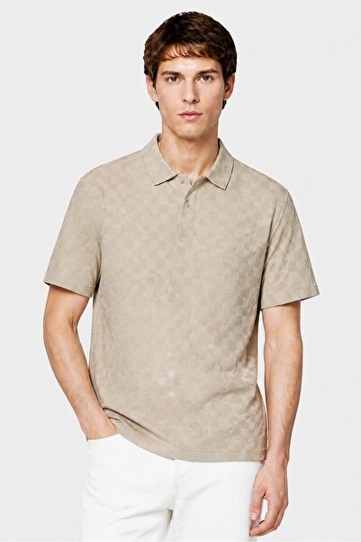 Brave Soul Men Regular Fit Checkered Short Sleeve Polo Shirt, Stone