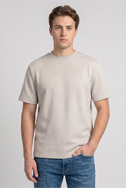 Brave Soul Men Crew Neck Short Sleeve Chevron Pattern T-Shirt, Light Taupe