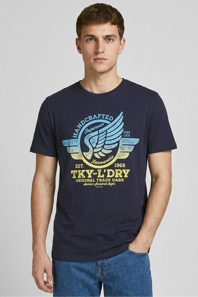 Tokyo Laundry Men Crew Neck Short Sleeve Graphic Print T-Shirt, Navy