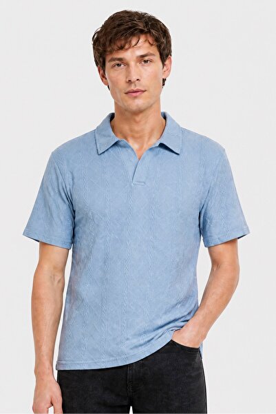 Brave Soul Men Regular Fit Textured Short Sleeve Polo Shirt, Slate Blue