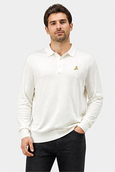 Brave Soul Men Regular Fit Embroidered Logo Long Sleeve Polo Shirt, Off White