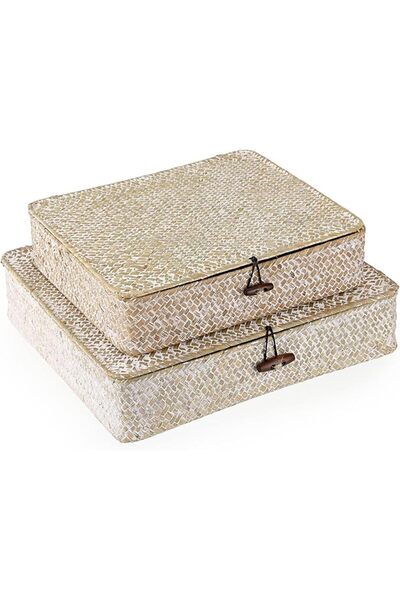 Hipiwe Hebeiyi Set of 2 Flat Woven Wicker Storage Boxes with Lid, Natural Sea...