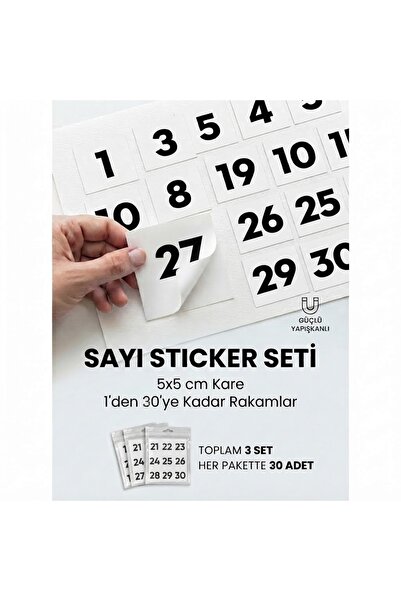 Nur Print Yapışkanlı Kare Sayı Sticker Seti | 1-30 Arası 3 Set | Dolap Kapakl...