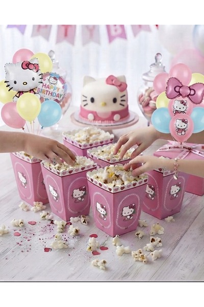Yogi parti Hello Kitty Konseptli Pembe Baskılı Patlamış Mısır Kutusu (8 Adet)...