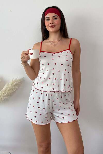 GİYSA Kadın Askılı Kiraz Desenli Şortlu Pijama Takımı Beyaz - 3300