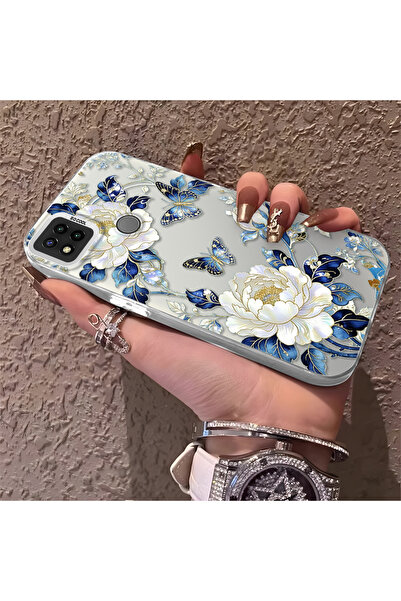 SLIMFELT Redmi 9C/10A Uyumlu Mat Mavi Beyaz Çiçek Kelebek Baskılı Silikon Kıl...