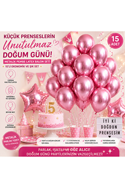 15’li Metalik Pembe Lateks Balon Seti | Kız Çocuk Doğum Günü Parti Balonu | Pembe Balon