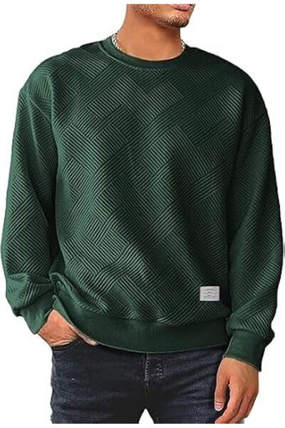 Dokotoo Men's round neck slim fit solid color geometric texture long sleeve c...