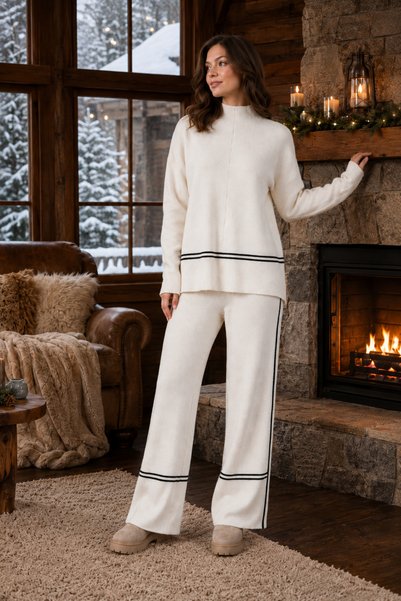 vuvutasarım Women's Knitwear Sweater and Wide-Leg Pants Stripe Detail Oversize Cream Two-Piece Set 3040