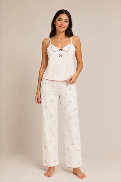 JUMALLİ Women's Strappy Ribbon Detailed Patterned Comfortable Pajama Set