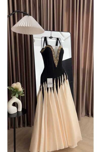 Nareen Fashion فستان سهرة فاخر بتصميم أنيق يجمع بين الأسود والسكري