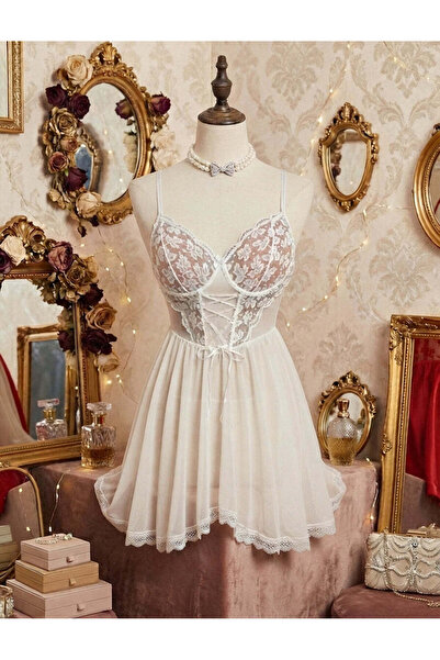 Beyaz Korseli Dantel Babydoll Gecelik