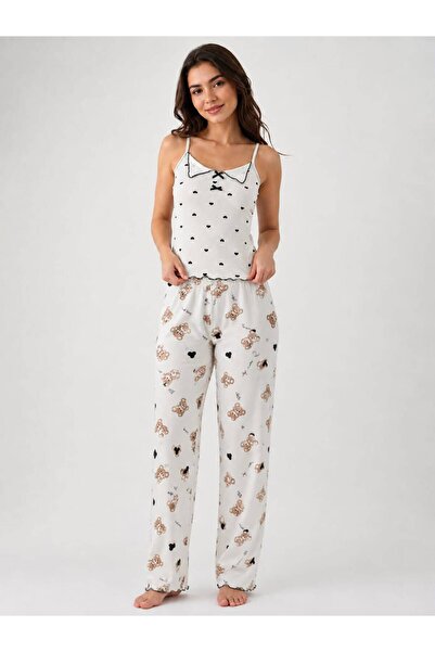 JUMALLİ Women's Strappy Ribbon Detailed Patterned Comfortable Pajama Set