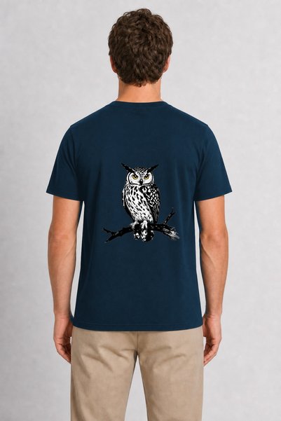 WAKHA Men's Wise Owl Artistic Wall Decor and Print Back Print - Navy Blue