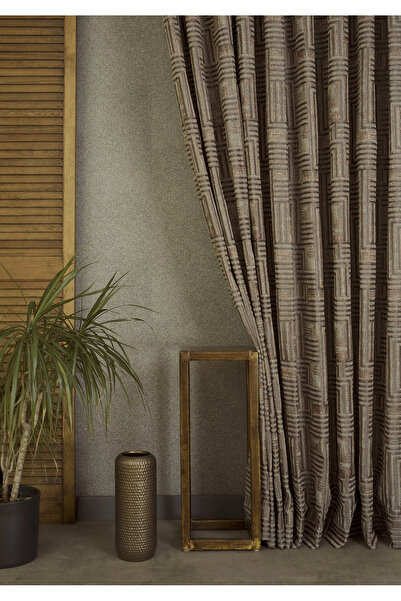 MASSARELLI Geometric Maze Background Curtain Copper Brown 1-2 Sparse Pleats
