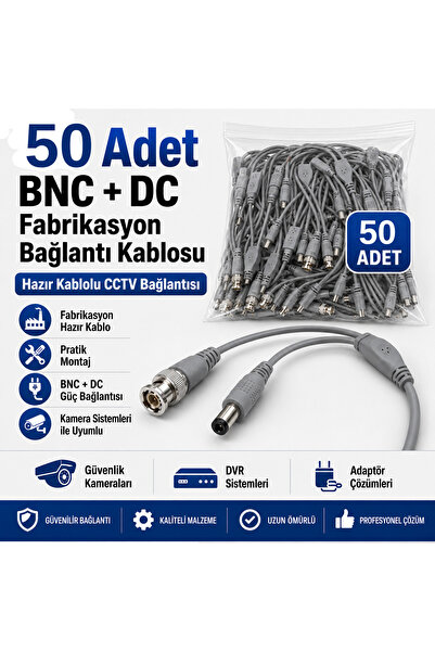 50 Adet Fabrikasyon BNC + DC Power Jack Kablolu CCTV Güvenlik Kamera Görüntü ve Güç Bağlantı Kablosu